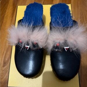 Fendi Black Leather Monster Fur-Trimmed Mules